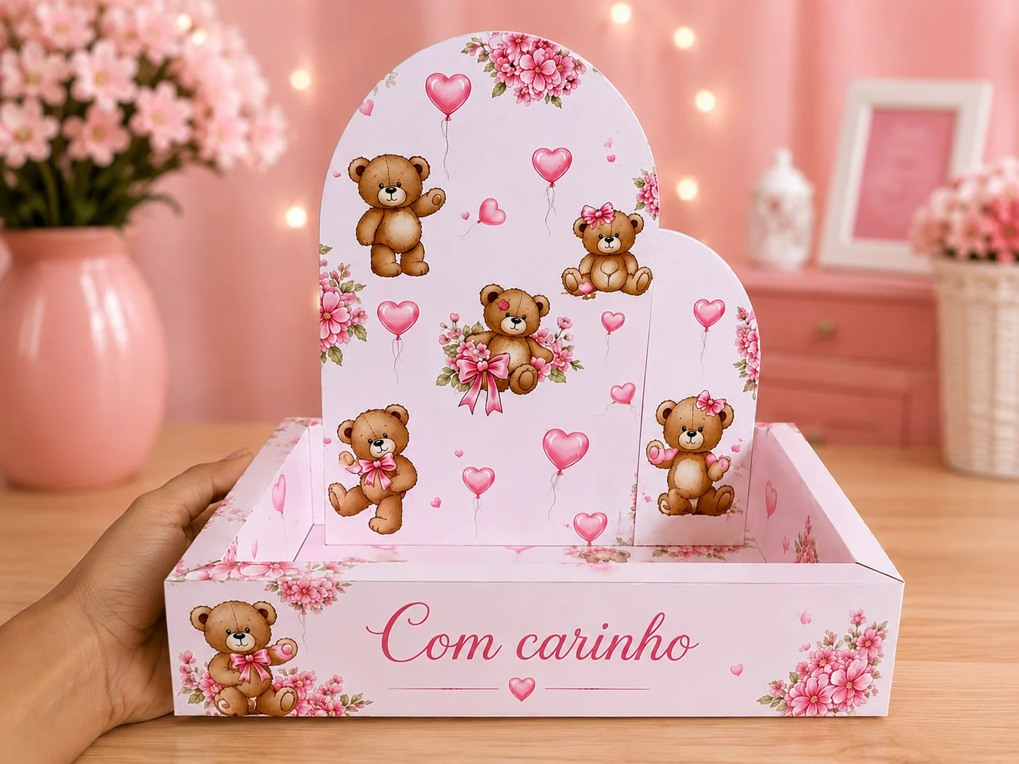 Caixa Cenário/Cesta "Com Carinho" Ursinhos e Flores - Arte Digital PDF para Montar — imagem do produto