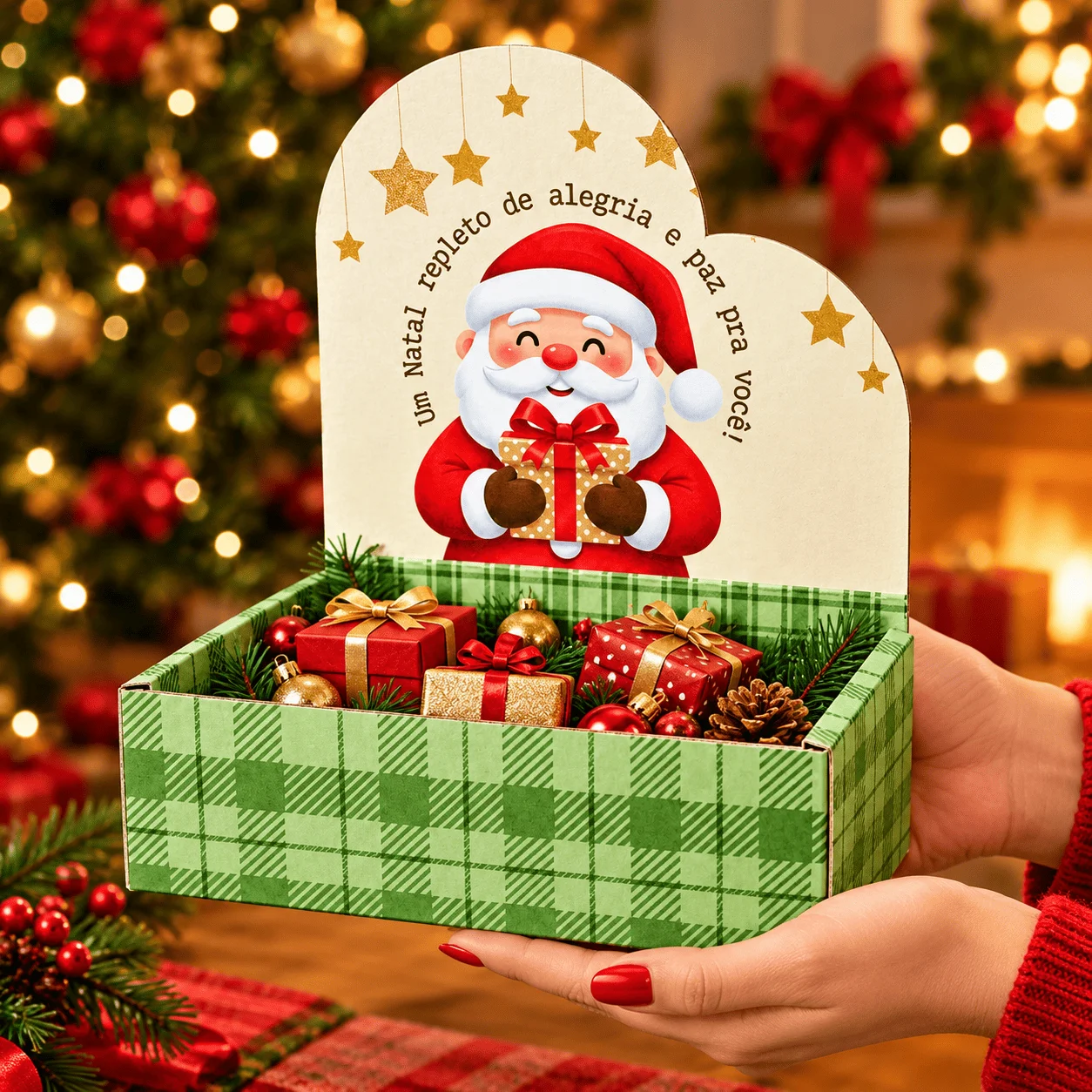 Caixa Cenário Natalina “Um Natal Repleto de Alegria e Paz” Papai Noel Xadrez Verde - Arte Digital PDF — imagem do produto