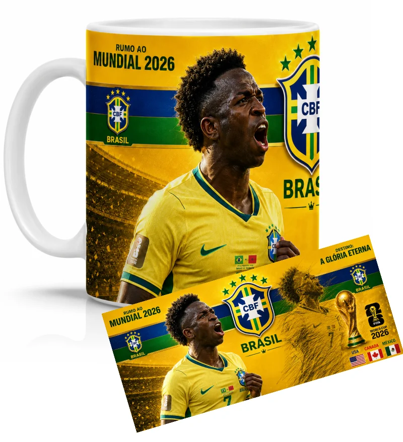 Arte para Caneca Seleção Brasileira 2026 - Torcida Rumo ao Hexa - Arquivo PDF para Sublimação