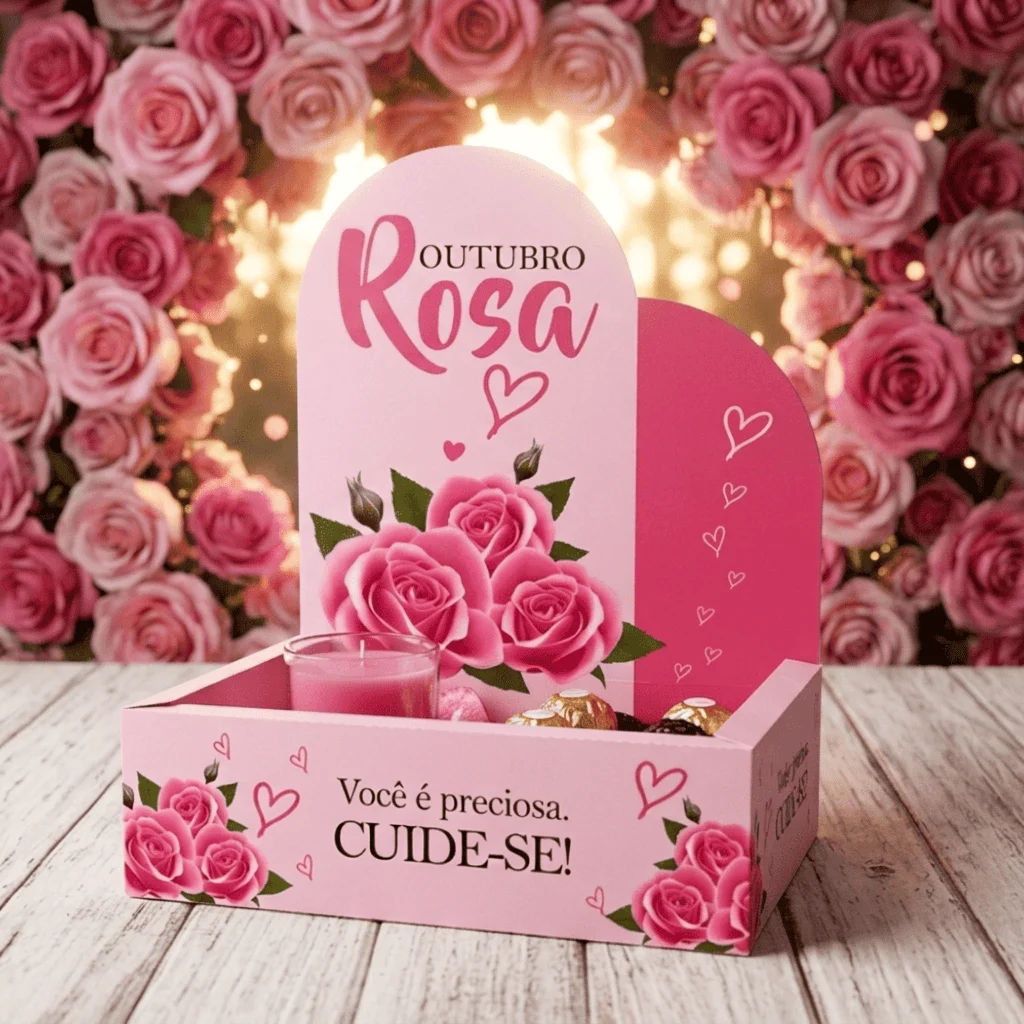 Caixa Cenário “Outubro Rosa” Flores e Corações - Arte Digital PDF Fácil de Montar — imagem do produto