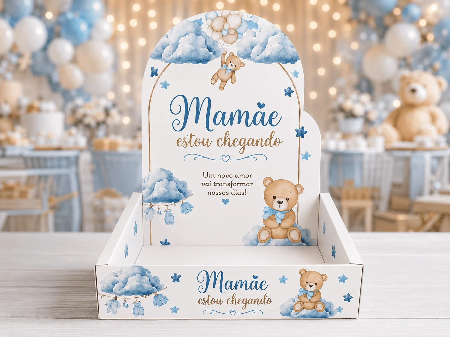 Caixa Cenário "Mamãe Estou Chegando" Ursinho Azul - Arte Digital PDF para Chá Revelação — imagem do produto