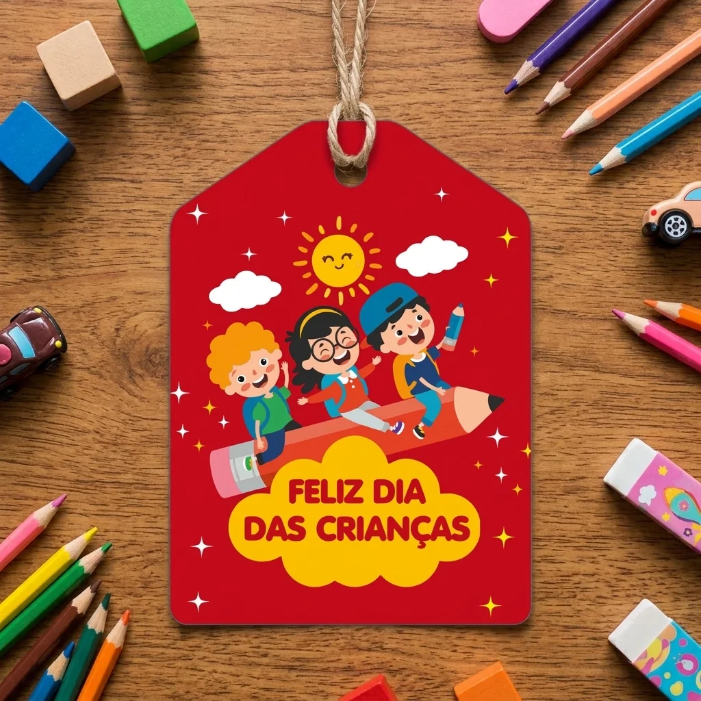 Tag com Furo "Feliz Dia das Crianças" Lápis Voador - Arte Digital PDF — imagem do produto