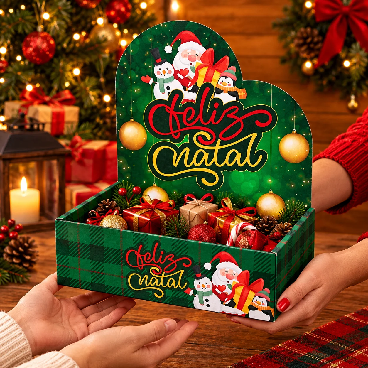 Caixa Cenário “Feliz Natal” Papai Noel e Boneco de Neve - Arte Digital PDF Fácil de Montar — imagem do produto