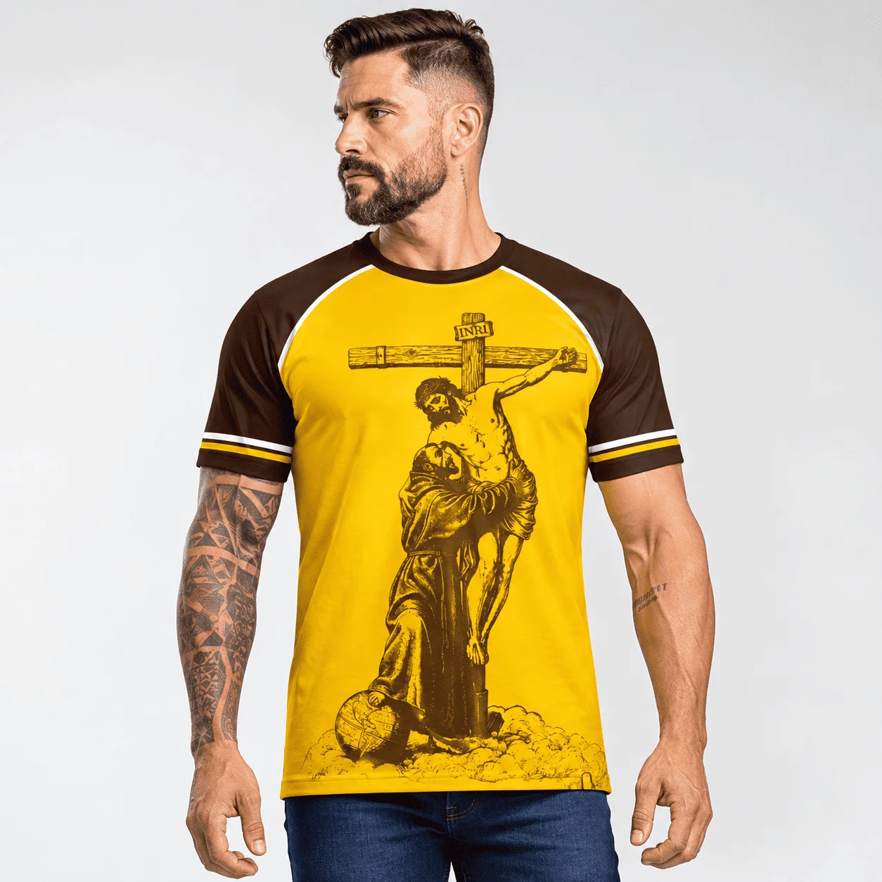 Estampa Camisa Religiosa São Francisco e Cristo Crucificado - Frente, Costas e Mangas - Arquivo CDR — imagem do produto