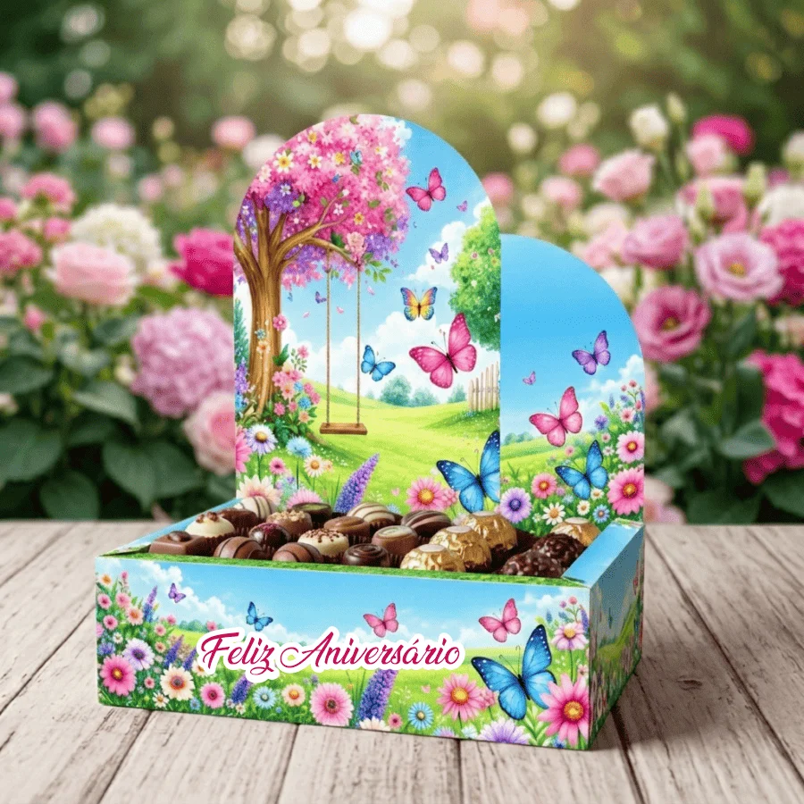 Caixa Cenário “Jardim Encantado” Feliz Aniversário - Arte Digital PDF para Montar — imagem do produto